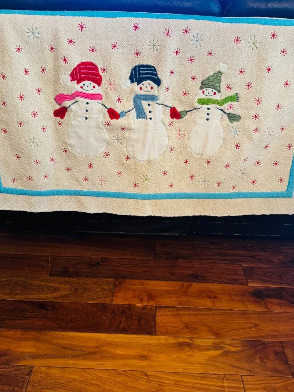 Christmas Bath Mat Embroidery Snowman Cotton Holiday Decor Wish for Joy India